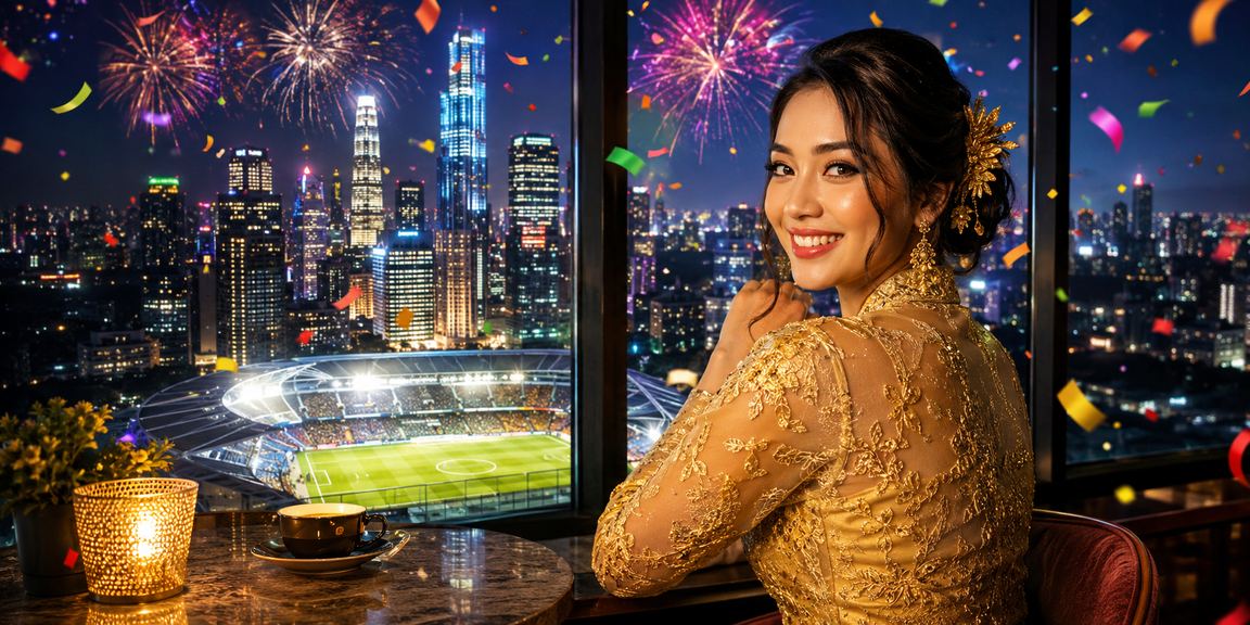 Wanita berbaju kebaya di Kuala Lumpur menikmati hiburan dalam talian dengan suasana bandar malam