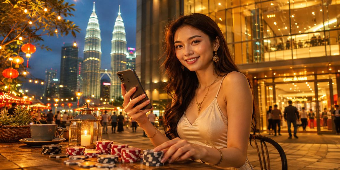 Pengguna Kuala Lumpur bermain kasino mudah alih dengan lampu bandar malam bersinar
